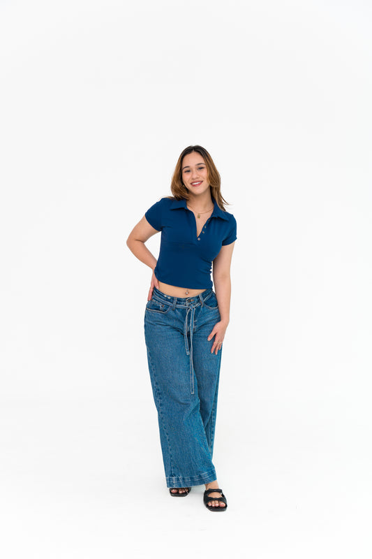 Colette Collar Button Down Top in Navy (LikeSculpt)