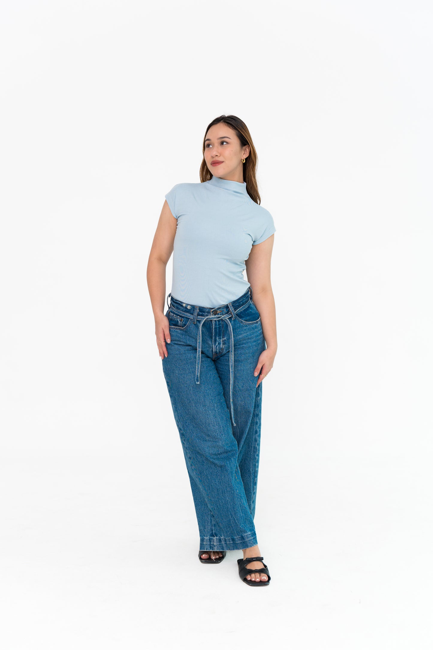 High Neck Capped Sleeve in Blue