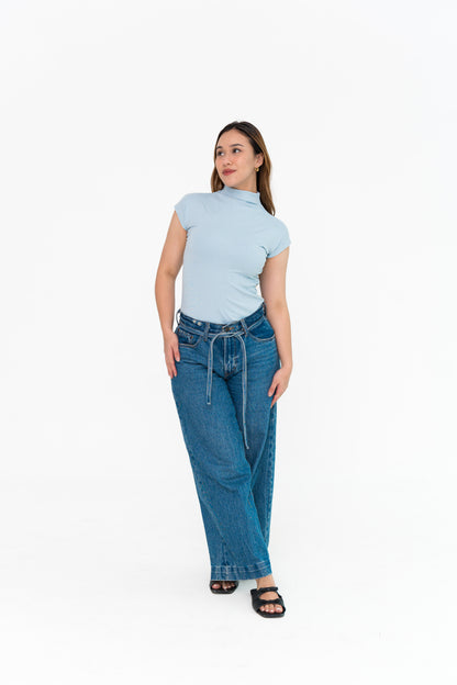 High Neck Capped Sleeve in Blue