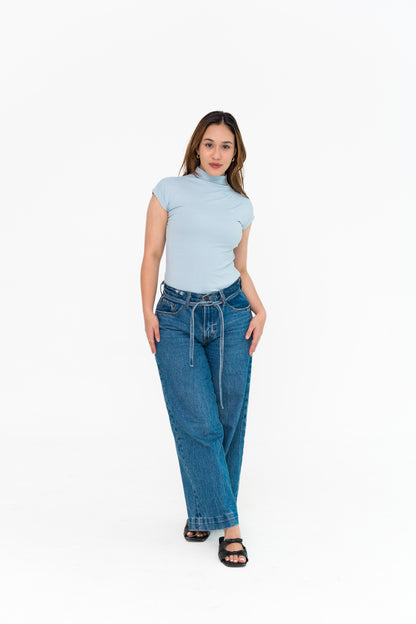 High Neck Capped Sleeve in Blue