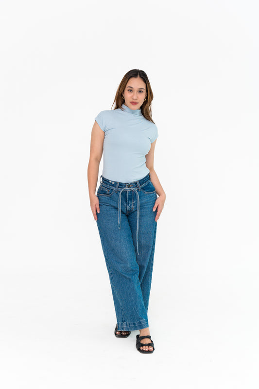 High Neck Capped Sleeve in Blue
