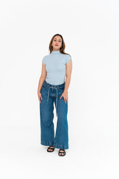 High Neck Capped Sleeve in Blue